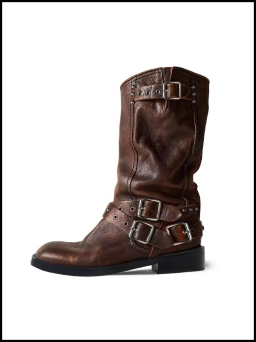 Women's Mid Calf Moto Boots Chunky Block Heel Buckle Riding Boots PU